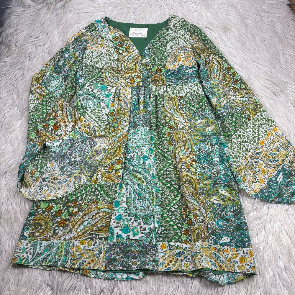Anthropologie - Floreat 100% Silk Printed V-Neck Shift Dress
